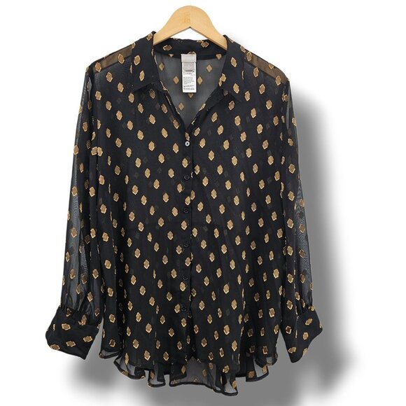 Chico's Button Up Blouse Black Gold Sheer 3/XL Lightweight Peplum Pleated Back - Picture 1 of 12